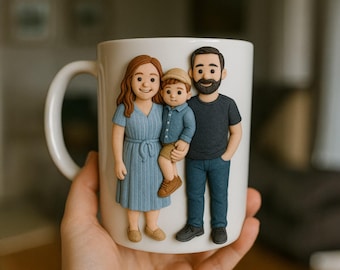 Custom Clay Mug with Figurines – Personalized 3D Portrait Characters – Handmade Polymer Sculpture Cup – Unique Gift Idea