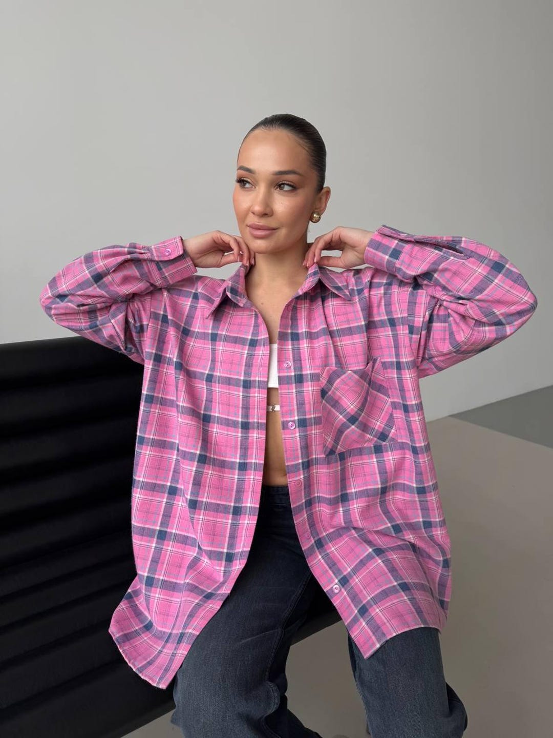 Pink Women's Checkered Flannel Shirt Trendy and Feminine, Featuring a — free download