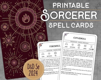 D&D 5e 2024 (5.5) Sorcerer Spell Cards (Printable)