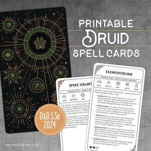 May include: A set of printable spell cards for a tabletop role-playing game. One card features a black background with gold and green circular celestial designs and a paw print. Other cards are white with black text, including the title Elementalism.