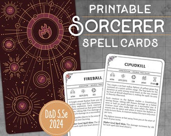 May include: A set of printable spell cards for D&D 5.5e 2024 featuring a dark maroon card back with gold celestial line art and white front cards displaying the spells Fireball and Cloudkill with detailed rules, icons, and text descriptions.