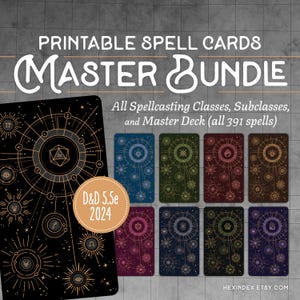 Puede incluir: Un conjunto de cartas de hechizos imprimibles titulado Printable Spell Cards Master Bundle, que incluye todas las clases, subclases y un mazo maestro de 391 hechizos para D&D 5.5e 2024. Las cartas muestran intrincados diseños celestiales sobre fondos oscuros.
