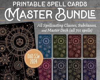 May include: A set of printable spell cards titled Printable Spell Cards Master Bundle, featuring all spellcasting classes, subclasses, and a master deck of 391 spells for D&D 5.5e 2024. The cards display intricate celestial line art on dark backgrounds.
