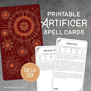 Puede incluir: Un juego de cartas de hechizos Artificer imprimibles para D&D 5.5e 2024. Las cartas tienen un reverso rojo oscuro con símbolos geométricos y alquímicos dorados, y caras blancas con texto negro que detalla hechizos como Fabricate y Arcane Lock.