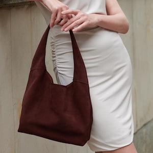 Suede Shoulder Bag, Soft Slouchy Tote Bag, Large Hobo Bag For Women, Brown Suede Purse, Casual Everyday Bag, Minimalist Suede Handbag