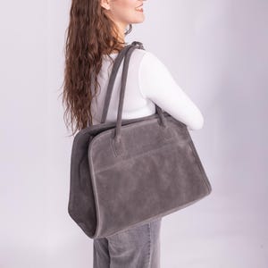 Gray Handbag with Handles, Large Everyday Purse, Minimalist Suede Tote Bag for Women, Elegant Casual Shoulder Bag for Work, Gift for Her