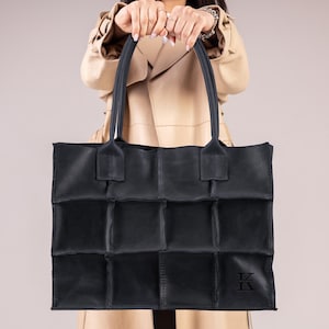 Handmade Personalized Bag Purse, Shoulder Laptop Bag, Black Leather Tote Bag for Women, Genuine Leather Bag, Custom Work Bag, Idea for Gift