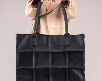 Handle Laptop Bag for Women, Casual Messenger Bag, Stylish Shoulder Tote Bag, Handmade Black Leather Tote Bag, Personalized Gift for Wife