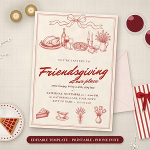 Pode incluir: Um modelo de convite para Friendsgiving com ilustrações de linha vermelha de um peru, vinho, torta e flores. O texto diz: You're invited to Friendsgiving at our place, come hungry, bring a dish, stay late, Saturday, November 21, 6:00 PM.