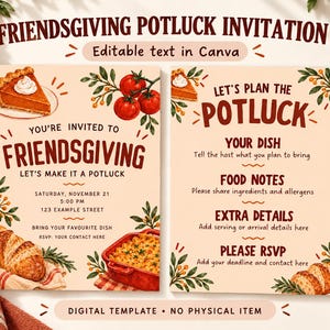 Pode incluir: Um modelo de convite para um potluck de Friendsgiving com texto editável. O design apresenta ilustrações de torta de abóbora, tomates e uma assadeira em um fundo creme. O texto inclui 'FRIENDSGIVING' e 'LET'S PLAN THE POTLUCK'.