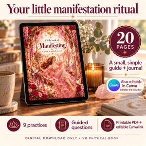 Könnte beinhalten: Ein digitales Tablet zeigt ein Handbuch und Journal mit dem Titel A little book of Manifesting, das eine Frau in einem rosa Kleid zeigt. Der Text umfasst 20 PAGES, 9 practices, Guided questions, Printable PDF + editable Canva link und DIGITAL DOWNLOAD ONLY.