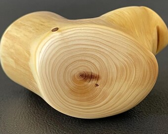 May include: A light-colored, wooden sculpture with a smooth, curved form. The wood grain is visible on the end, showing concentric circles. The sculpture has a natural, organic aesthetic.