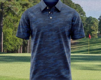Blau Camo Slim Fit Golf Polo, leichtes Performance Shirt