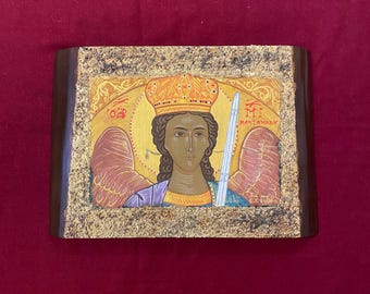 大天使ミカエル、木に描かれたイコン、30 x 42 x 5 cm、ビザンチン様式
