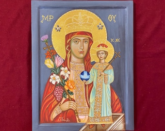 枯れないバラ - ビザンチン美術 - 手作りの木製額縁に描かれた正教会の