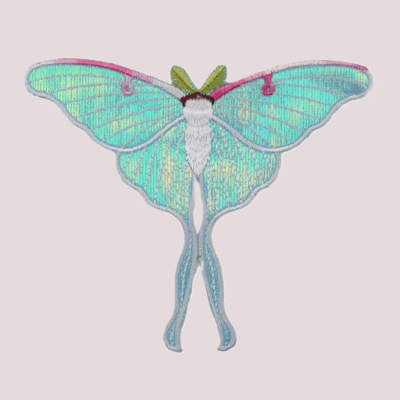 Iridescent turquoise iron-on embroidered Luna moths patch, suitable for decorating clothes, jackets, and bags, ideal for DIY projects.jpg