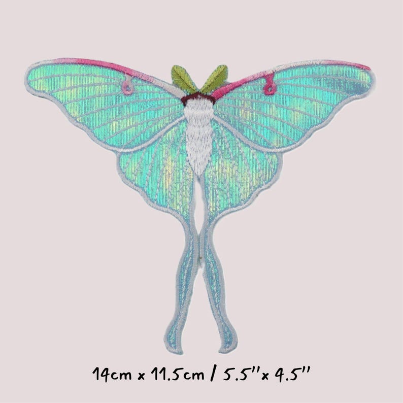 Iridescent turquoise iron-on embroidered Luna moths patch, suitable for decorating clothes, jackets, and bags, ideal for DIY projects.jpg