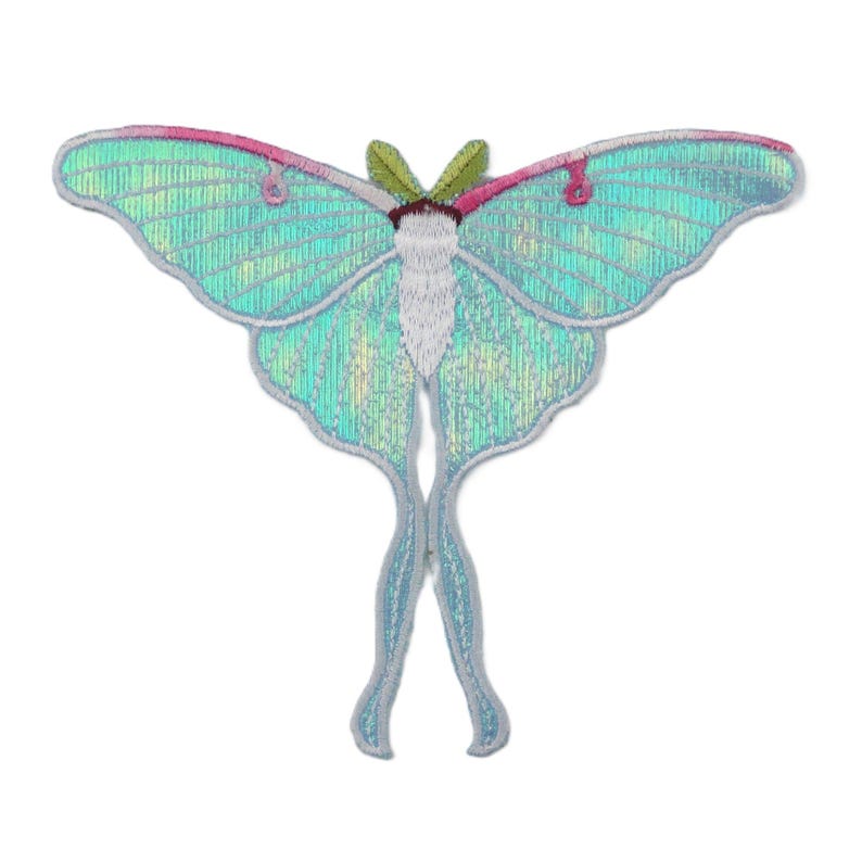 Iridescent turquoise iron-on embroidered Luna moths patch, suitable for decorating clothes, jackets, and bags, ideal for DIY projects.jpg