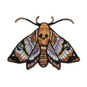 Death’s Head Moth Embroidered Patch, Gothic Iron-On Moth Applique, Occult Mystic Design for Dark Aesthetic Fashion Outfits