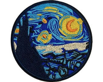 Van Gogh Starry Night Embroidered Patch, Iron-On Art Applique, Vincent Painting Badge