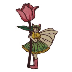 May include: Embroidered patch of a cat fairy holding a large pink rose. The cat wears a yellow dress, green skirt, and pink boots. It has cream-coloured wings and a green leaf crown. The patch is designed with detailed stitching.