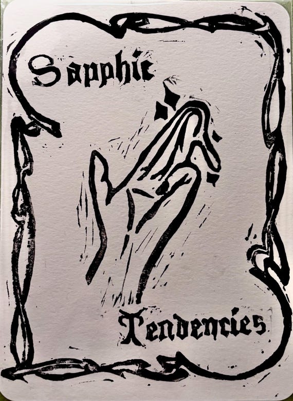 Handmade Linocut Sapphic Art Print, Gothic Lesbian Home Decor, A5