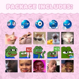 May include: A pink background with various meme stickers. The stickers include blue emoji faces, cat faces, frog memes, and faces of famous people. The text "PACKAGE INCLUDES:" is at the top in pink letters.