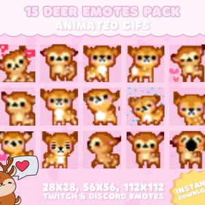 15 Animated Deer Emotes Pack for Twitch, YouTube, Discord, Kick | Cute Pixel Art Deer Emotes | Animated GIF Pack