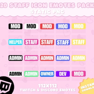 20 Staff Icons Pack for Twitch, YouTube, Discord, Kick | Mod & Utility Twitch Emotes | 20 PNG Pack