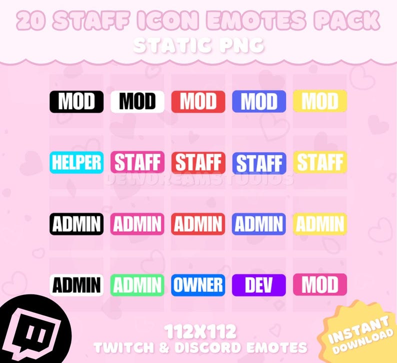 May include: A set of 20 Twitch and Discord emotes featuring different staff roles, including Mod, Helper, Staff, Admin, Owner, and Dev. The emotes are in a grid pattern on a pink background with hearts and the text "20 STAFF ICON EMOTES PACK STATIC PNG" at the top.