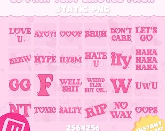Twitch、YouTube、Discord、Kick向けの30種類のピンクのテキスト絵文字パック | かわいい＆美しいTwitch絵文字 | ピンクのPNGパック