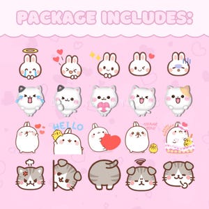 May include: A set of 20 cute cartoon stickers featuring bunnies and cats with different expressions. The stickers are on a pink background with hearts and stars. The text "PACKAGE INCLUDES:" is at the top of the image.