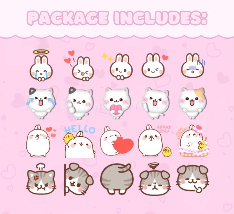 May include: A set of 20 cute cartoon stickers featuring bunnies and cats with different expressions. The stickers are on a pink background with hearts and stars. The text "PACKAGE INCLUDES:" is at the top of the image.
