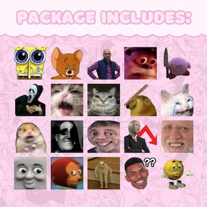 May include: A pink background with a repeating pattern of cartoon faces. The text "PACKAGE INCLUDES:" is at the top. The image features a grid of meme faces, including SpongeBob, Jerry, and Kirby.