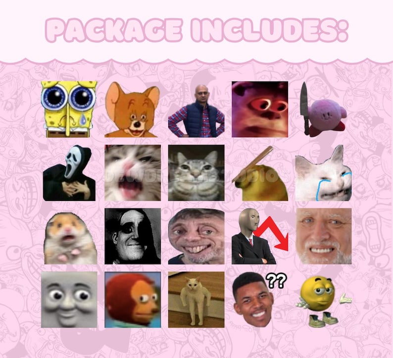 May include: A pink background with a repeating pattern of cartoon faces. The text "PACKAGE INCLUDES:" is at the top. The image features a grid of meme faces, including SpongeBob, Jerry, and Kirby.