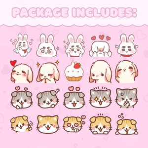 May include: A set of 20 cute cartoon animal emojis featuring bunnies, cats, and kittens. The emojis are in various poses and expressions, including hearts, stars, and other cute details. The emojis are on a pink background with the text "PACKAGE INCLUDES:" at the top.