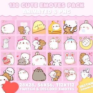 May include: A set of 130 animated and PNG emotes featuring cute cartoon characters. The emotes are designed for Twitch and Discord and come in three sizes: 28x28, 56x56, and 112x112 pixels.