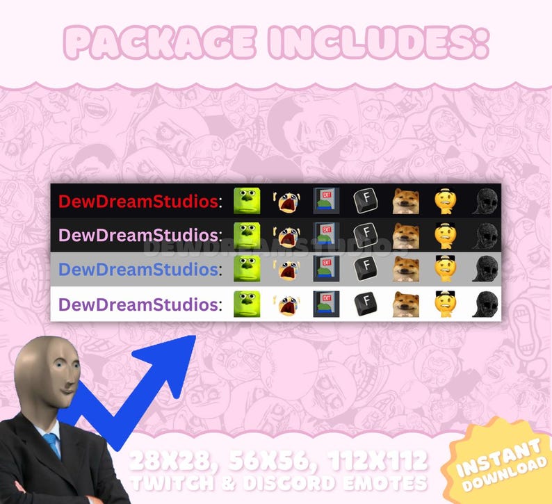 May include: A pink background with the text "PACKAGE INCLUDES:" and a graphic of various Twitch and Discord emotes. The text "DewDreamStudios:" is displayed above each row of emotes. The image also includes the text "28X28, 56X56, 112X112 TWITCH & DISCORD EMOTES" and "INSTANT DOWNLOAD".