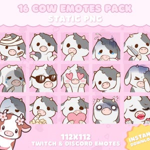 16 Cow Emotes Pack for Twitch, YouTube, Discord, Kick | Cute Cow Emotes | Static PNG Pack