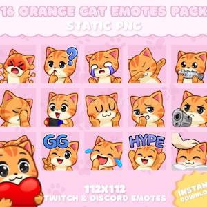16 Orange Cat Emotes Pack for Twitch, YouTube, Discord, Kick | Cute Cat Emotes | Static PNG Pack