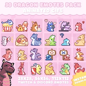 May include: A pack of 30 animated dragon emotes for Twitch and Discord. The emotes are in various poses and expressions, including a dragon holding a popcorn bucket, a dragon with a question mark above its head, and a dragon holding a pencil. The emotes are in a pixel art style and are available in three sizes: 28x28, 56x56, and 112x112.