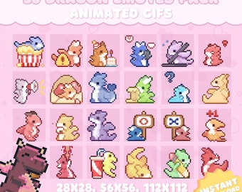 May include: A set of 30 animated dragon emotes for Twitch and Discord. The emotes are in various poses and expressions, including a dragon holding a popcorn bucket, a dragon with a question mark above its head, and a dragon holding a pencil. The emotes are in a pixel art style and are available in three sizes: 28x28, 56x56, and 112x112.