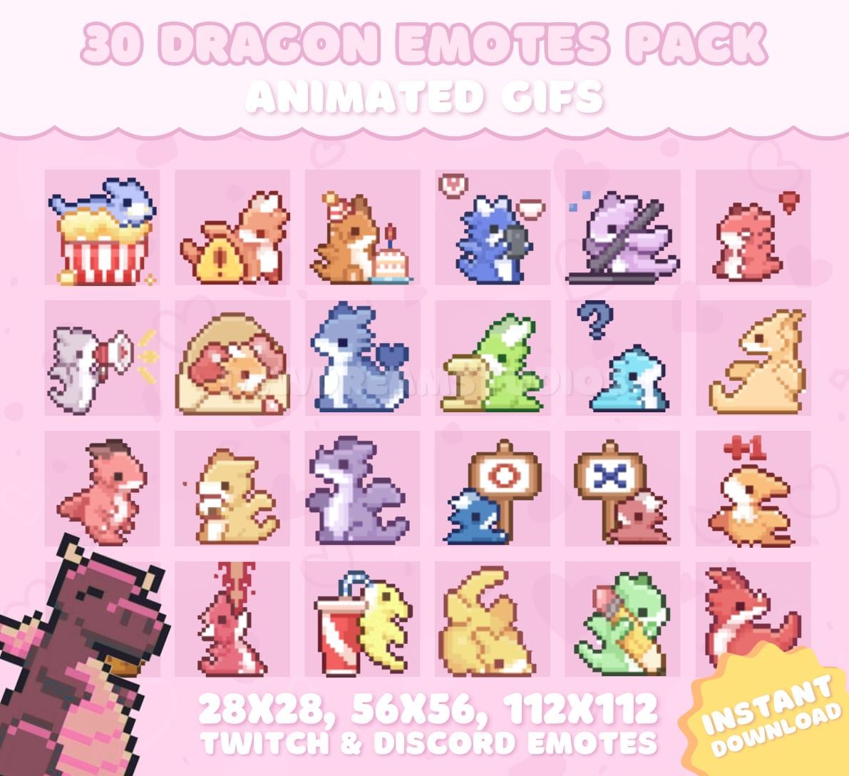 Pakket met 30 geanimeerde drakenemotes voor Twitch, YouTube, Discord en Kick | Schattige drakenemotes met pixelart | Geanimeerd GIF-pakket