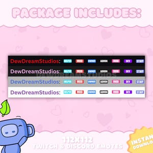 May include: Four different colored banners with the text "DewDreamStudios:" and the words "Helper", "Mod", "Owner", "Admin", "Dev", and "Staff" in smaller text boxes. The text boxes are in different colors. The banners are on a pink background with hearts.