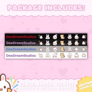 May include: A digital download package of 28x28, 56x56, and 112x112 pixel Twitch and Discord emotes featuring a cute bunny and cat design. The text "PACKAGE INCLUDES: DewDreamStudios: !" is displayed on a black background.