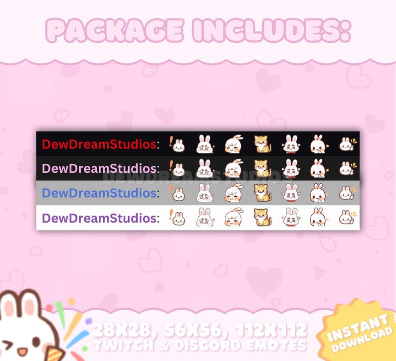 May include: A digital download package of 28x28, 56x56, and 112x112 pixel Twitch and Discord emotes featuring a cute bunny and cat design. The text "PACKAGE INCLUDES: DewDreamStudios: !" is displayed on a black background.