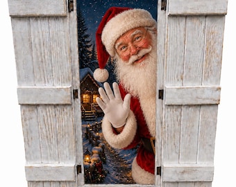 Santa Claus Waving -  Handcrafted Window Frame Wall Decor, Farmhouse Shutter Accent