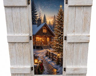 Christmas Cabin -  Handcrafted Window Frame Wall Decor, Farmhouse Shutter Accent