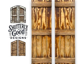 Custom Solid Wood Shutters | Southern Yellow Pine | Burned - Board & Batten, Farmhouse Style | Interior or Exterior | ShutterlyGoodDesigns