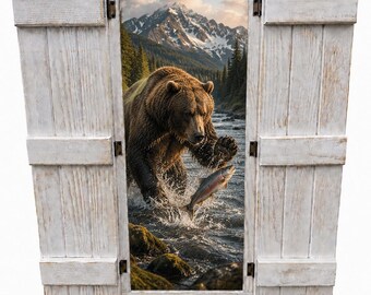 Alaskan Bear Fishing -  Handcrafted Window Frame Wall Decor, Farmhouse Shutter Accent